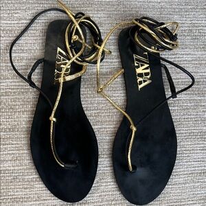 Zara Elegant Black and Gold Colorblock Ankle Strappy Sandals size EU38